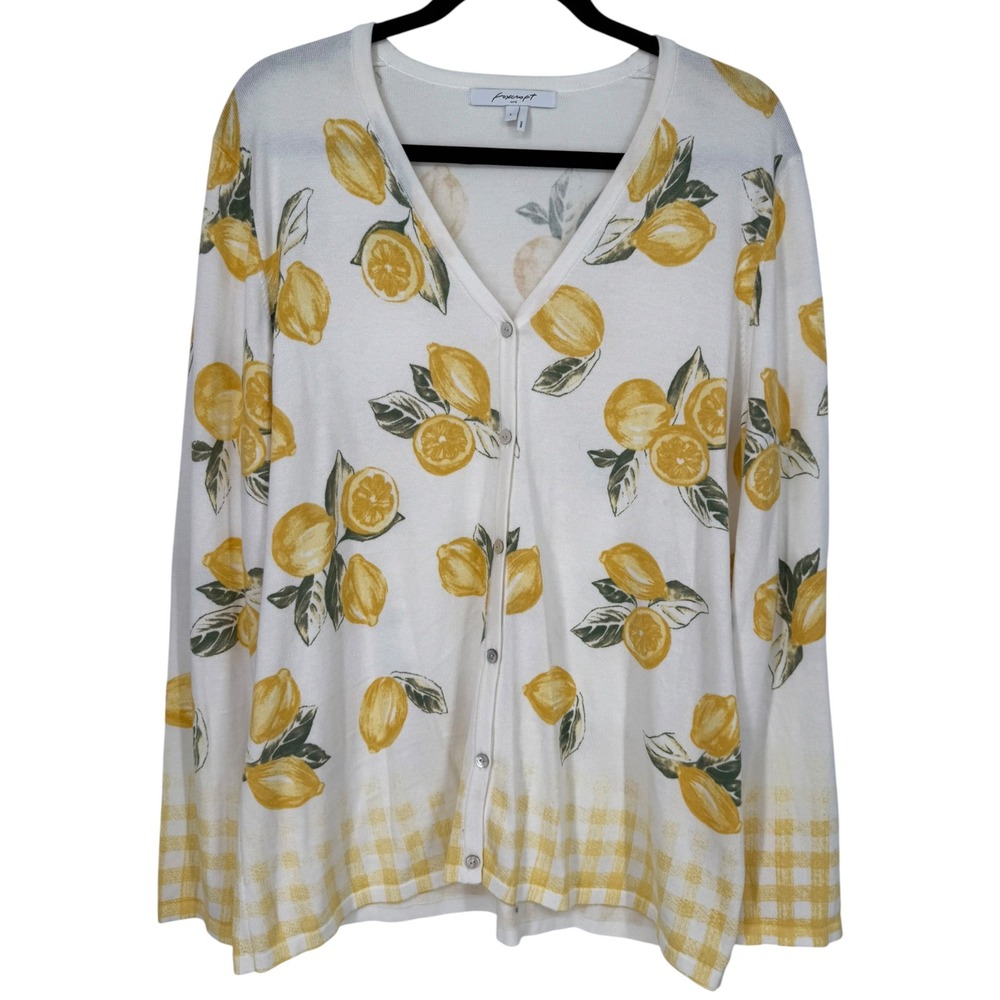 Foxcroft Womens Lemon Print Gingham Trim V-Neck Button Front Cardigan Size Large
